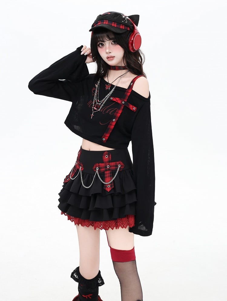 Pink/Red Plaid Cross Appliques Lace Trim Tiered Skirt Chains Decorated