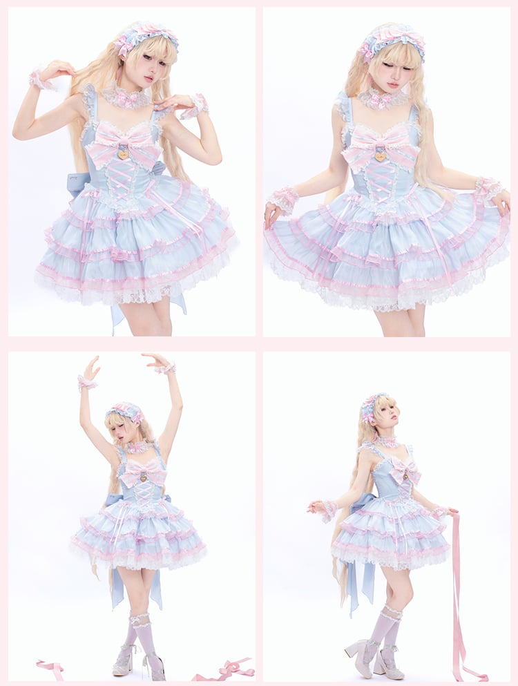 Skirt and Pink Blue Jumper Skirt Hime Lolita Dress Flutter Sleeves Tiered