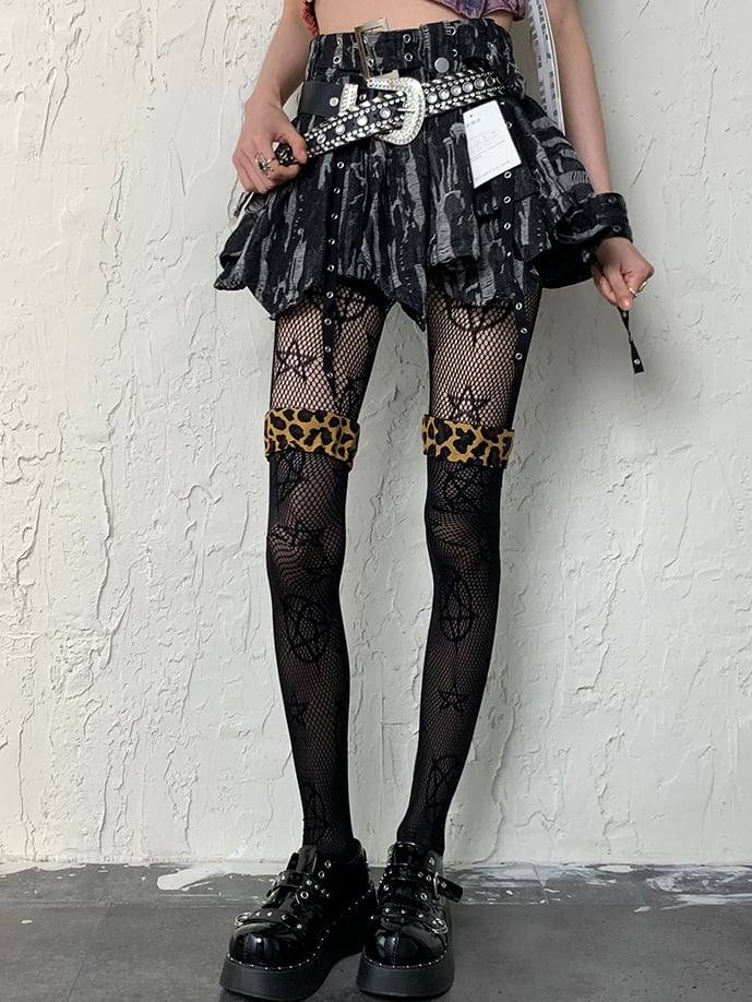 Black Cuffs Over-knee Pattern Y2K Stockings Semi-sheer Leopard