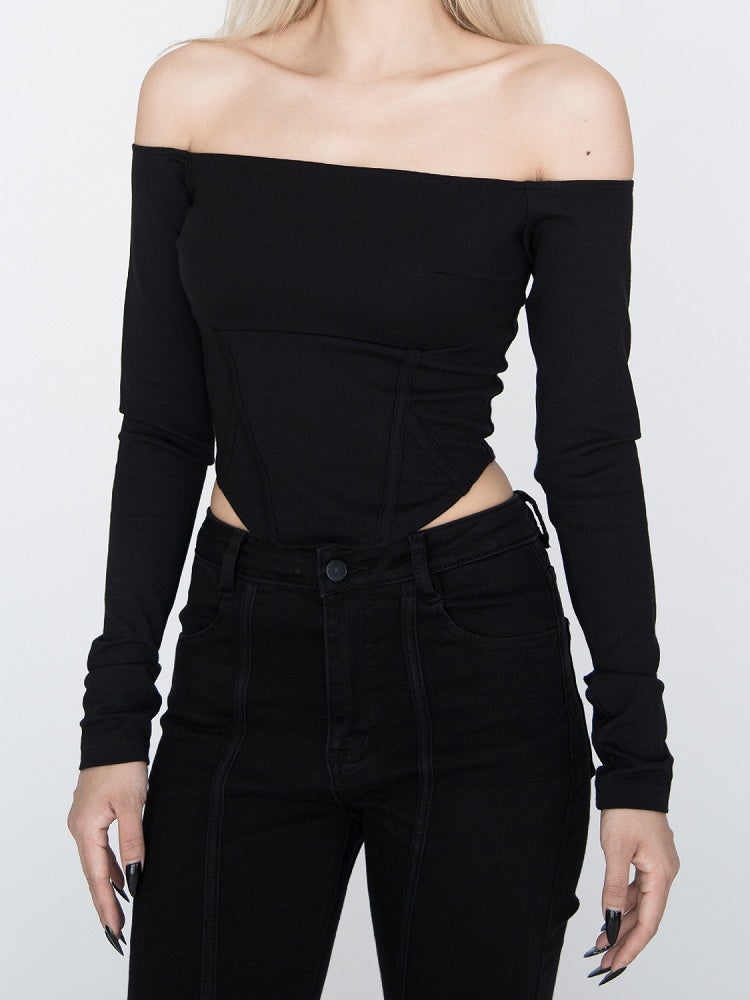Black Off-the-shoulder Neckline Curved Hem Top