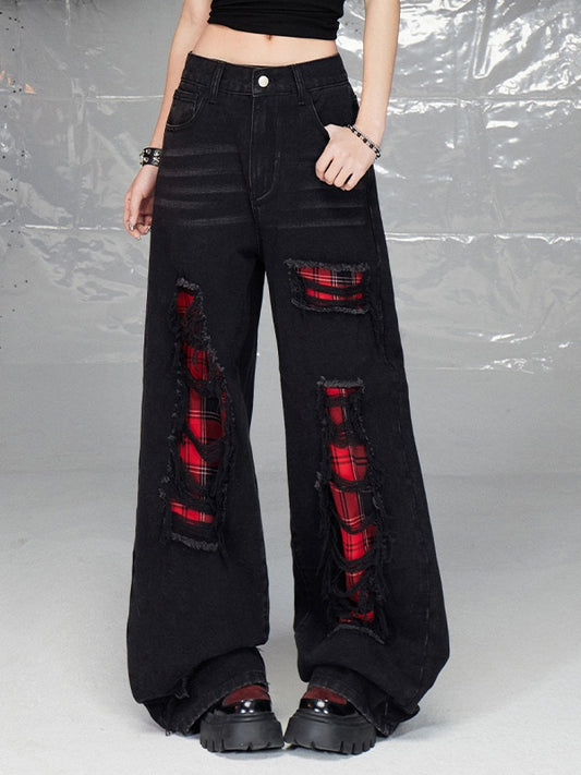 Black Distressed Holes Plaid Pattern Straight-leg Cut Jeans
