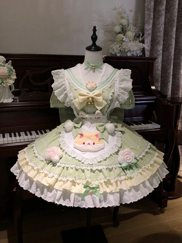 Heart Lolita Green Apron with Maid Matcha Collar Sweet Sailor Kitty-themed Dress