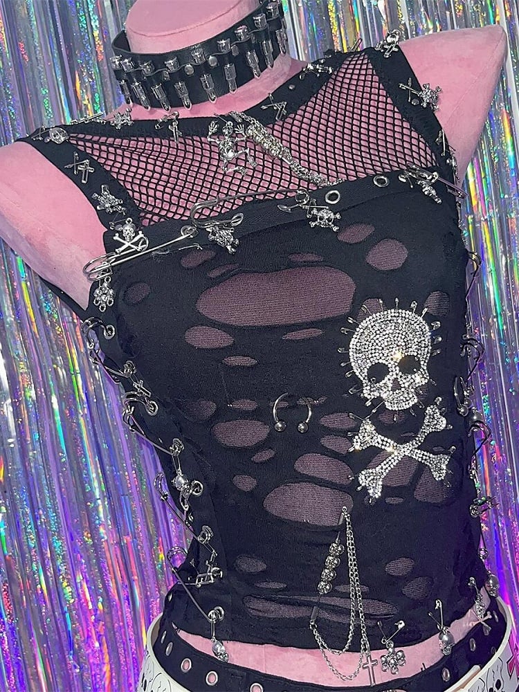 Details und Strass ärmelloses Pin Top Skelett Punk schwarz Cutout verziert