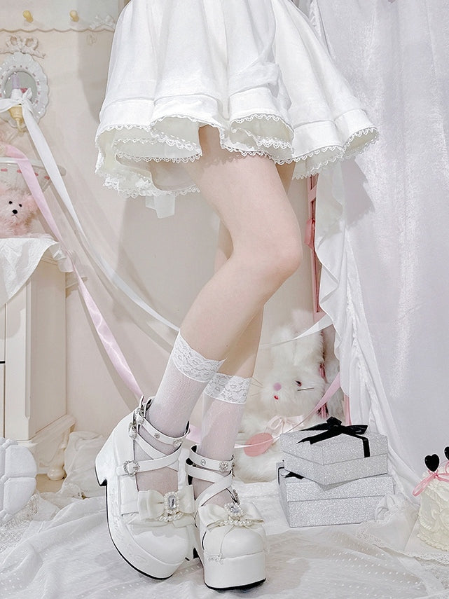 Matte Rhinestone And Bow White Block Kei at High Platform Beaded Jirai Decorated Heels Top