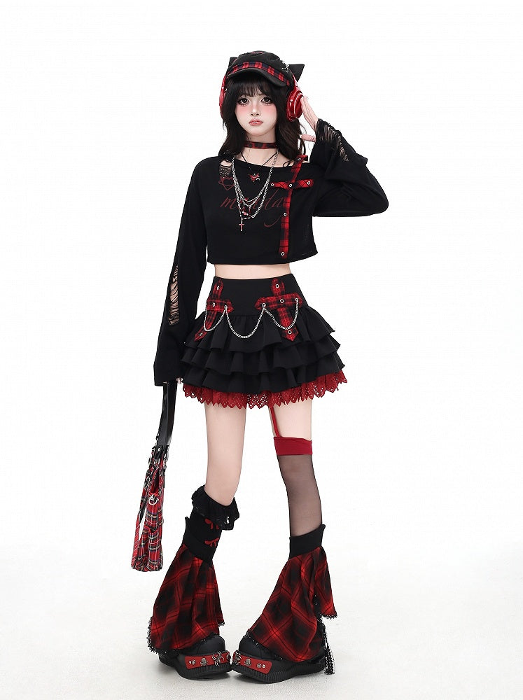 Pink/Red Plaid Cross Appliques Lace Trim Tiered Skirt Chains Decorated