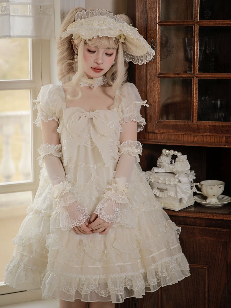 White Embroidered Bow Creamy Lolita Dress Sleeves Big Short Puff Neckline
