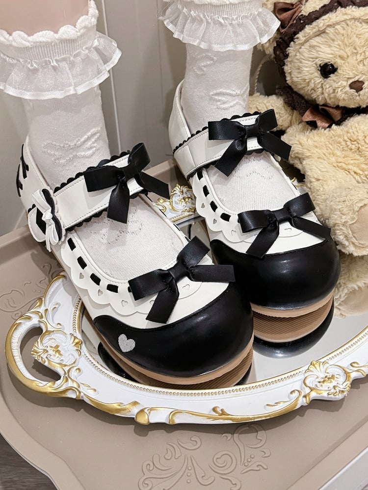Sweet PU Hem Janes Leather Scalloped Flat with - Lolita Mary Black