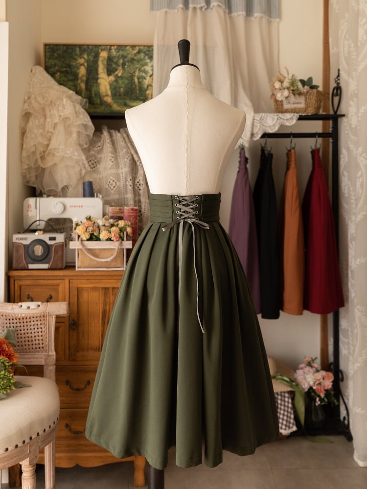 Jupe Lolita classique élégante vert olive mi-longue taille haute à ourlet plissé