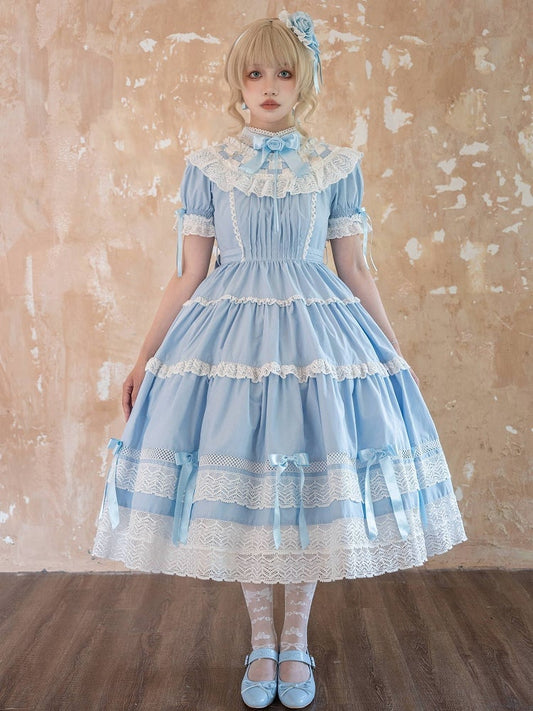 Kleid Baumwolle Alte Ärmel Edward Blau Hals Kurz Lolita OP Set Schule