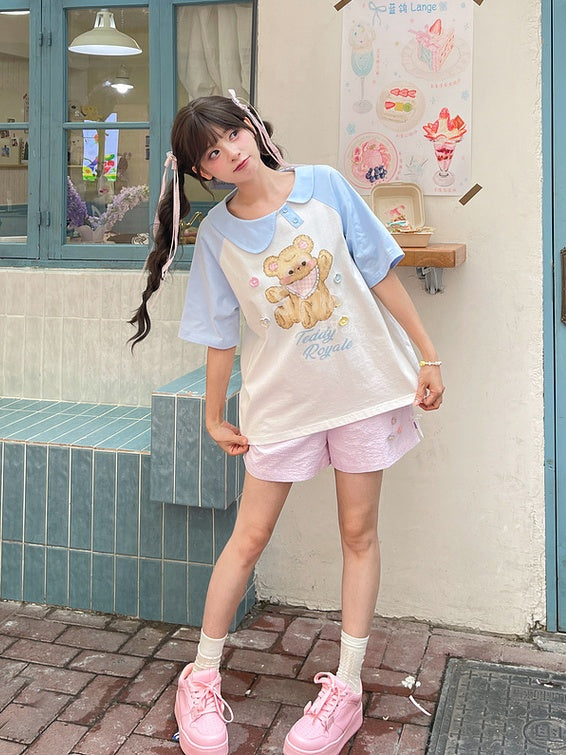 Blue and White Asymmetrical Peter Pan Collar Bear Print T-Shirt Long Version