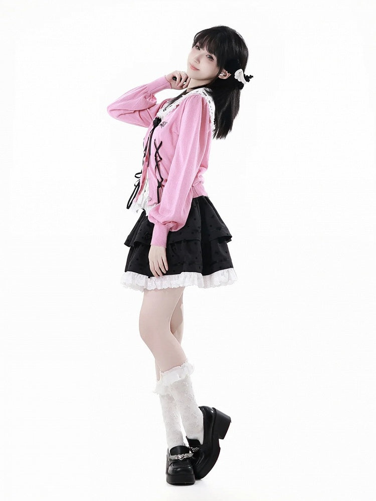 Pink Lace-up Details Front Heart Button Placket Summer Knit Cardigan