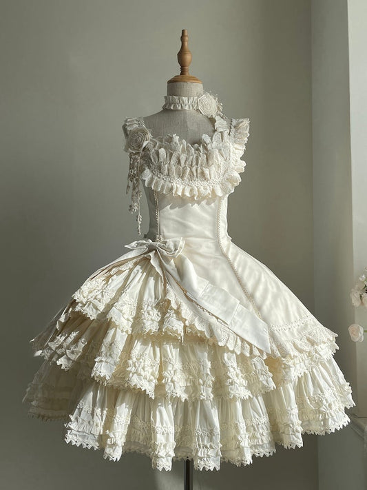 Jumper Slim Lolita Beige Fit Tiered Waist Elegant Skirt