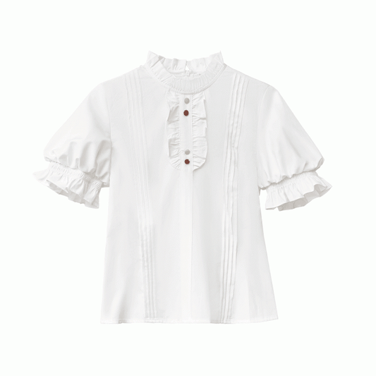 Bluse mit Puffärmeln und weißen Faltendetails, Rüschen am Ausschnitt