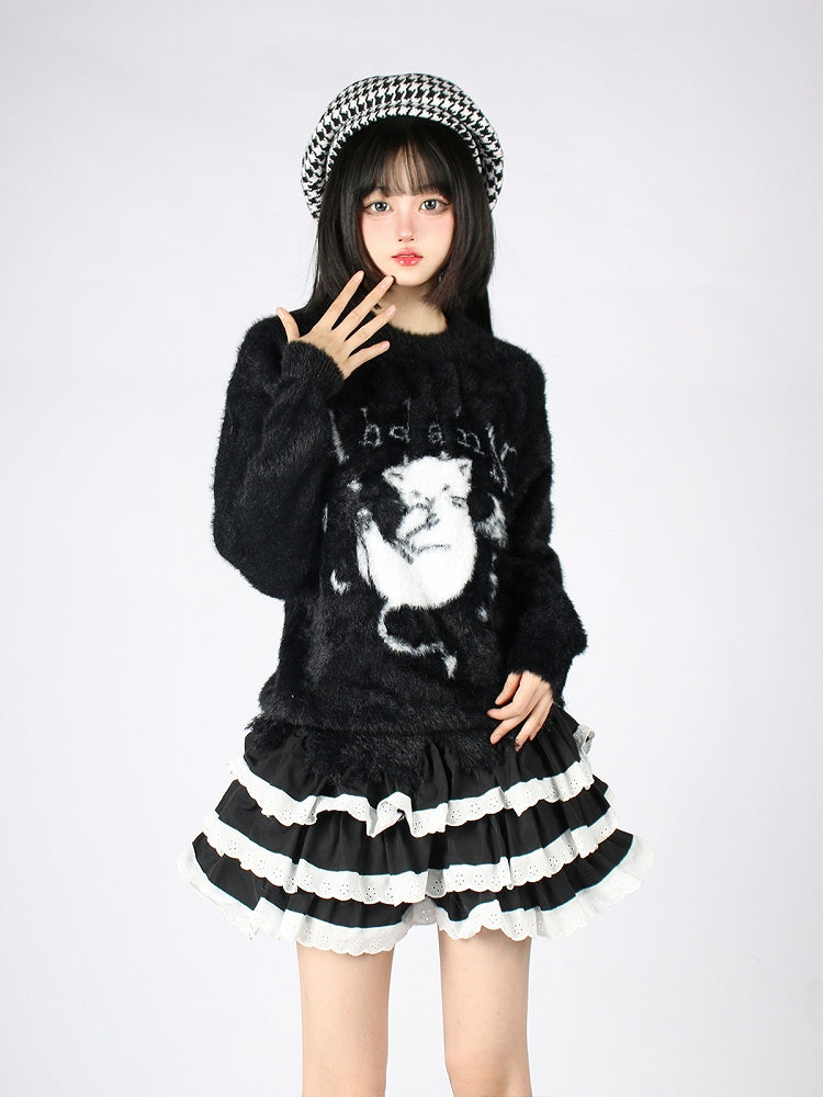 Cozy Kitten Furry Sweater - Perfect for Fall and Winter Black/White