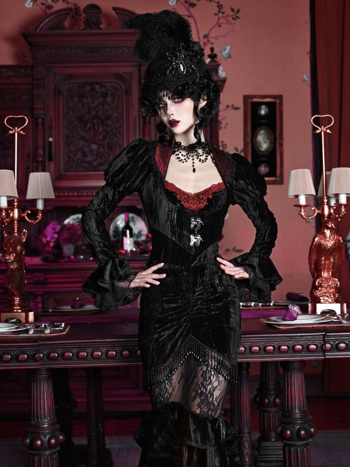 Halloween Gothic Schwarze Samt Kurze Vampirjacke