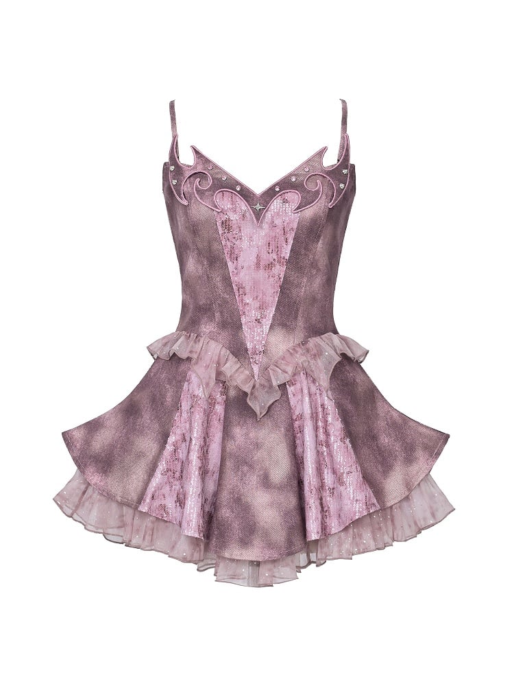 Slip Denim Y2K Totem Embroidery with Punk Ruffles Dress Dusty Pink Studded Tiered Tulle Rhinestoned