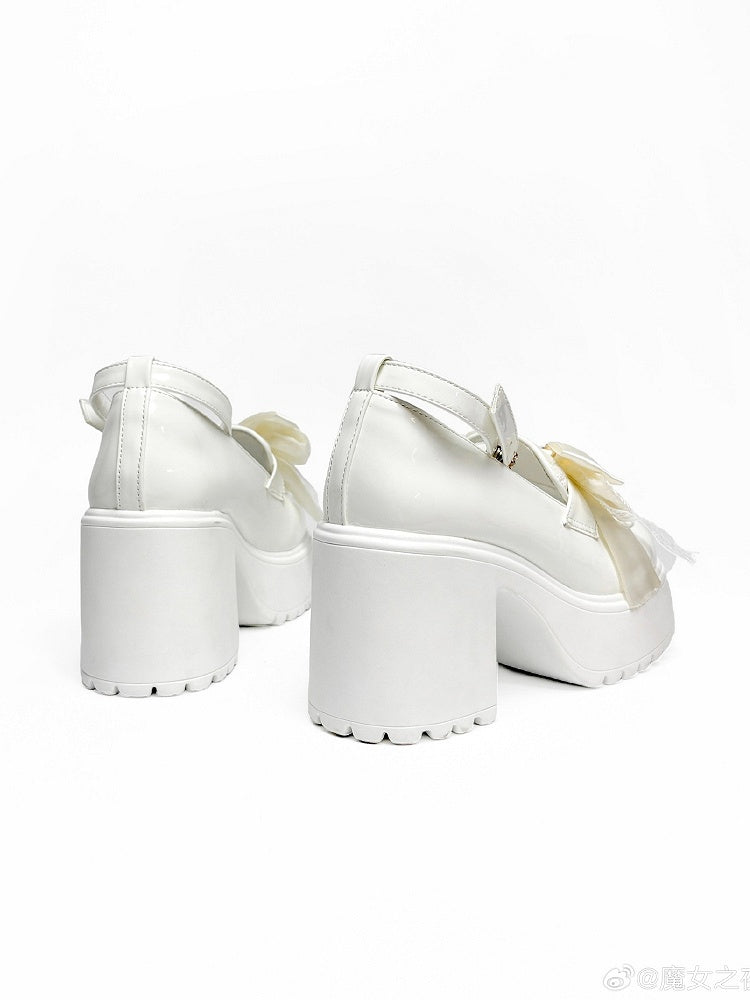Heart Platform Beaded Jirai with - Vamp Bow Kei White Heels High Buckle Block Matching