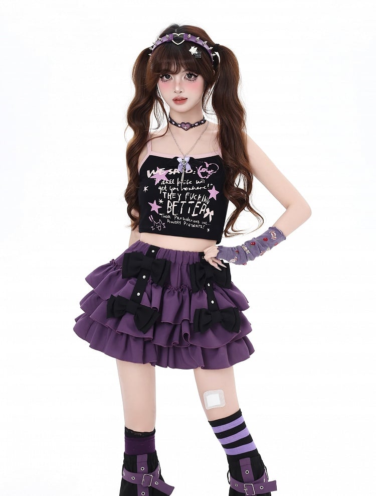Strap Leg Warmers Black Bowknots Lined Purple Tiered Skirt with Criss-cross