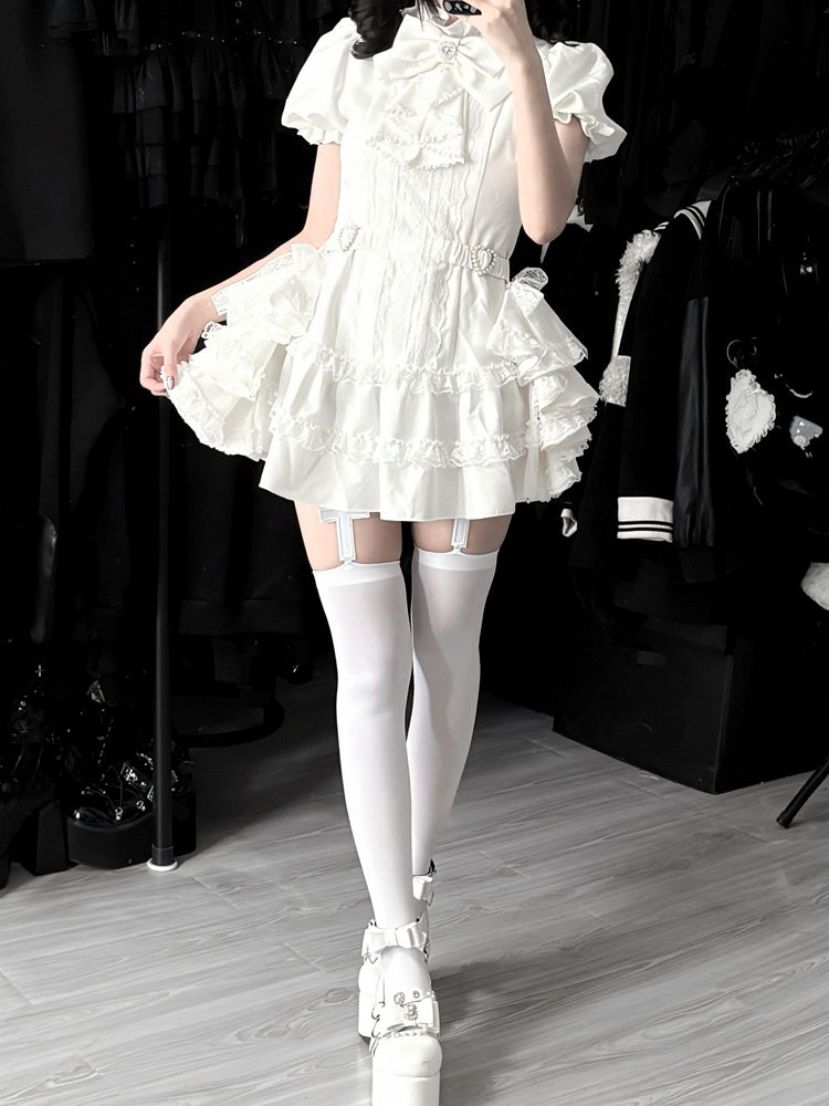 Bow and White Kei Flowing Dress Side Sleeves Tie Train,Shorts Set: with Puffy Gothic Jirai