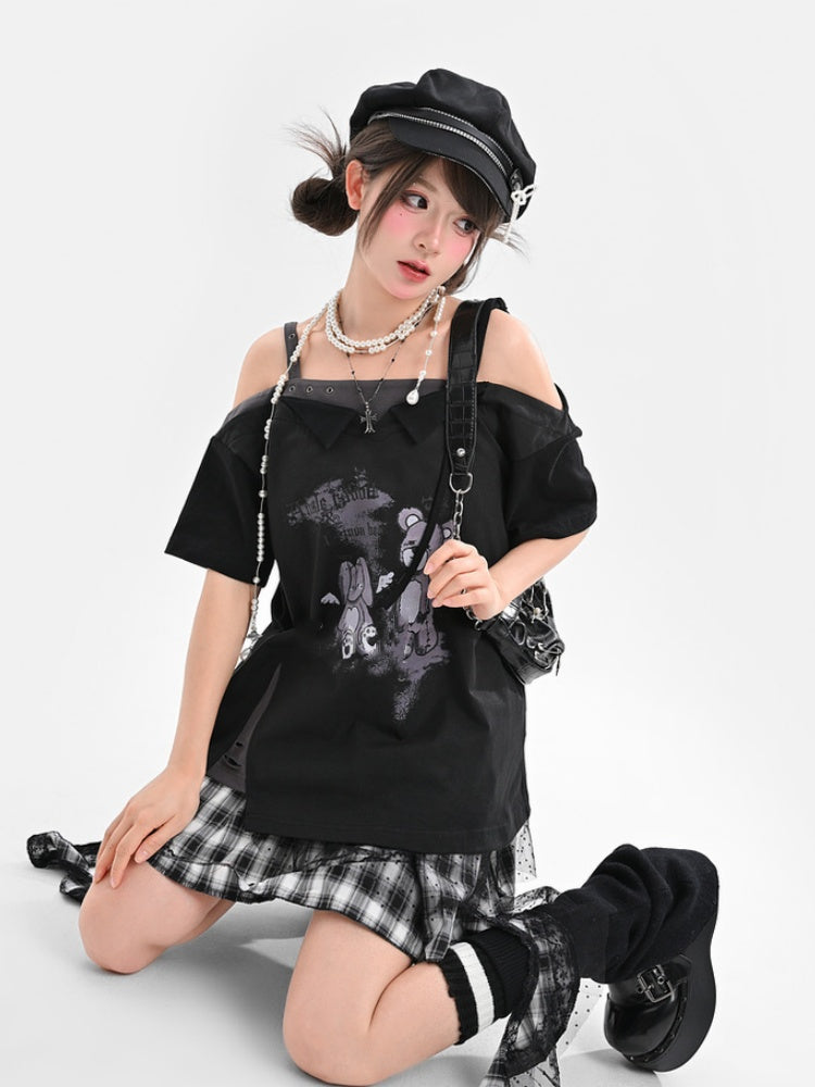 Black Off-the-shoulder Neckline Teddy Bear Print T-Shirt