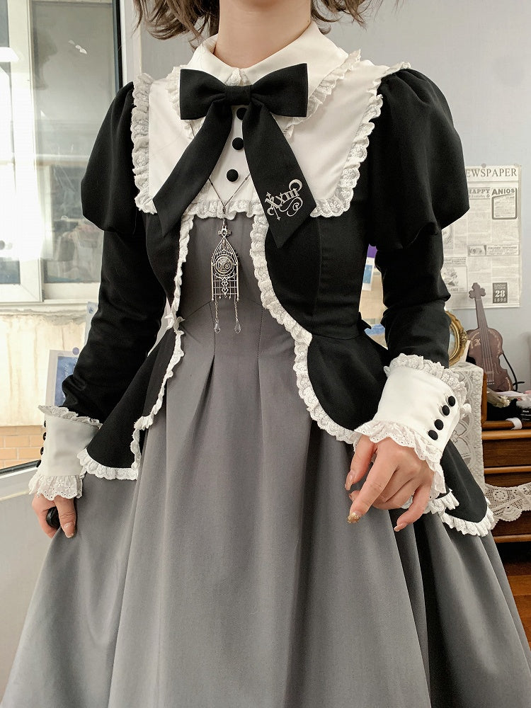 Elegantes Lolita-Kleid mit Juliette-Ärmeln in Schwarz und Grau