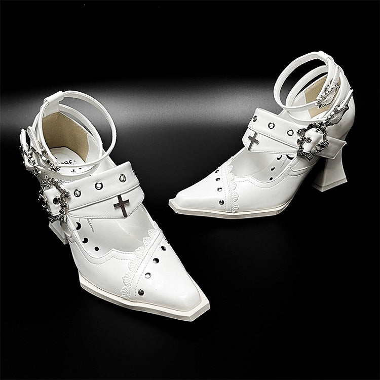 Punk Pointed Toe High Block Heels in White Coffin Buckles and Metal Cross with Gothic 8.5cm