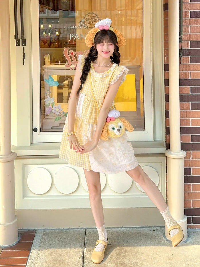 Plaid Dress Tiered Yellow Patchwork Design Flutter Sleeves Sweet