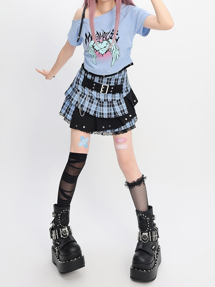 Y2K Light Blue Buckle Strap Tiered Plaid Skirt