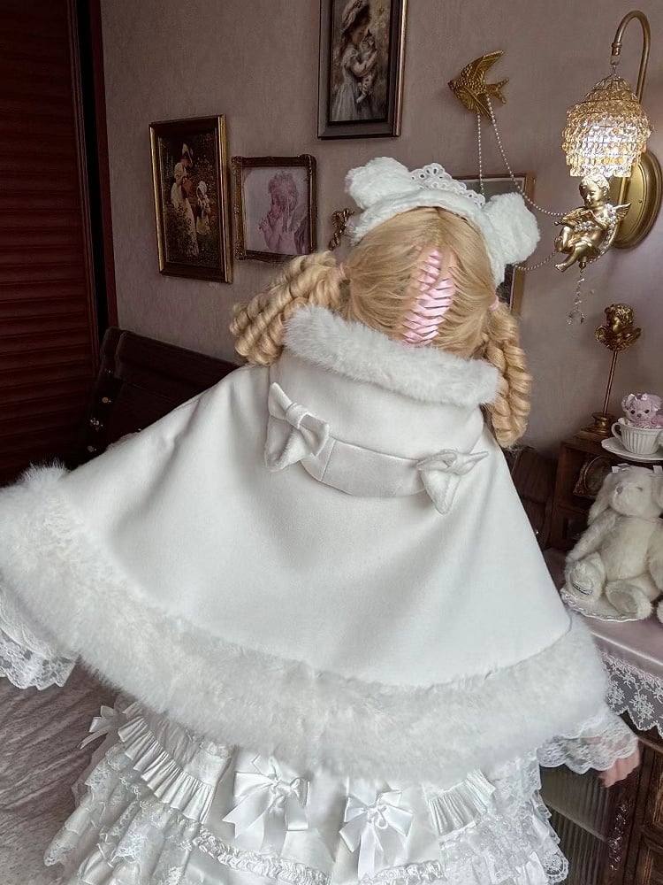 Cape Winter Woolen Faux Hooded Edging with Cat-Ear Fur Lolita White