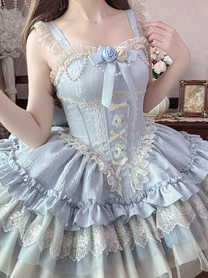 Blue Big Puffy Dress Hime Lolita Balletcore Bow Fabric Train JSK Boned Basque Waist Jacquard with
