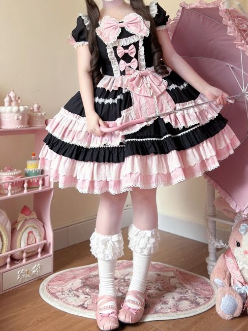 Piece and Pink Sleeves Lolita Bow One Dress Sweet Short Accents Black