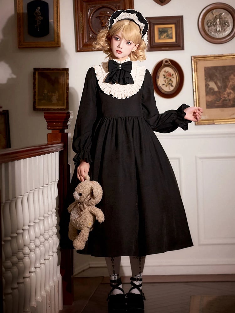 Beige Ruffle Neckline Black High Waist Long Balloon Sleeves Lolita Dress Long Version