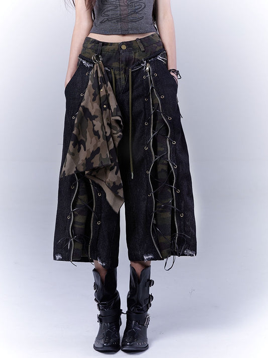 Distressed Rock Straight-leg Jeans Punk Camouflage Lace-up Front