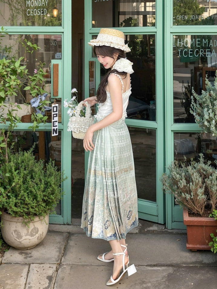 チャイナドレス ジャカード 馬の顔の刺繍 花柄 スカート グリーン プリーツ