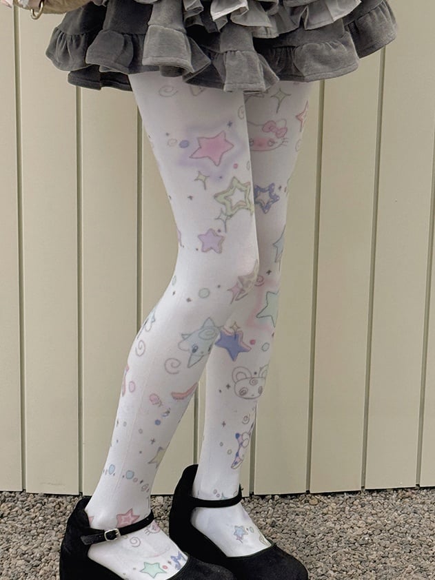 White Sweet Star Print Tights