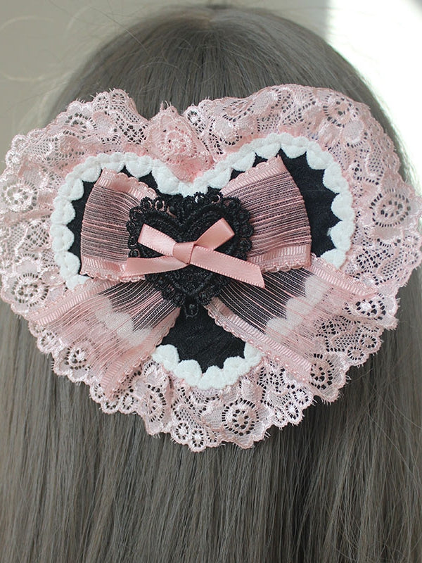 Pink Bowknot Details Lace Trim Heart-shaped Hairclip