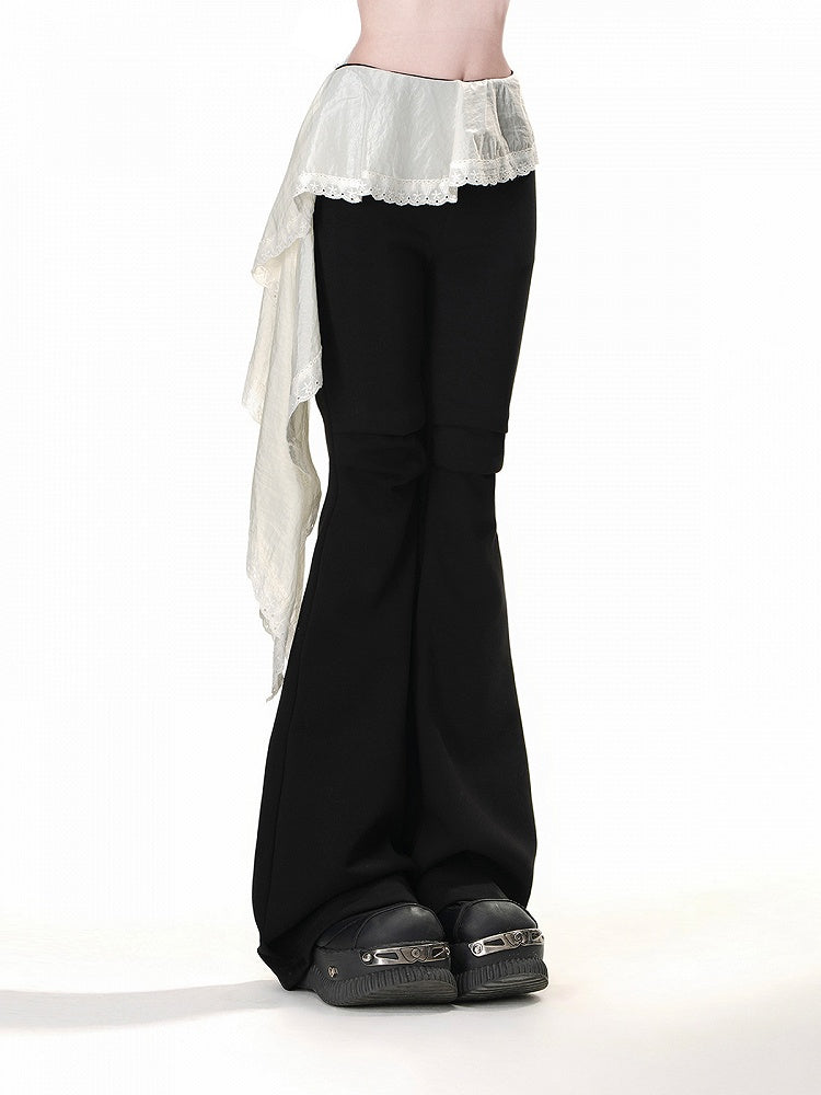 Black Elastic Waist Patchwork Design Hem Flared Pants Asymmetrical