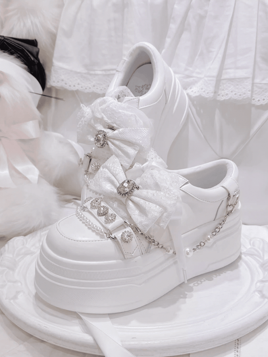 Platform Bow Jirai Top Chains Detail,Rhinestones Chunky Sneakers White Kei Beaded