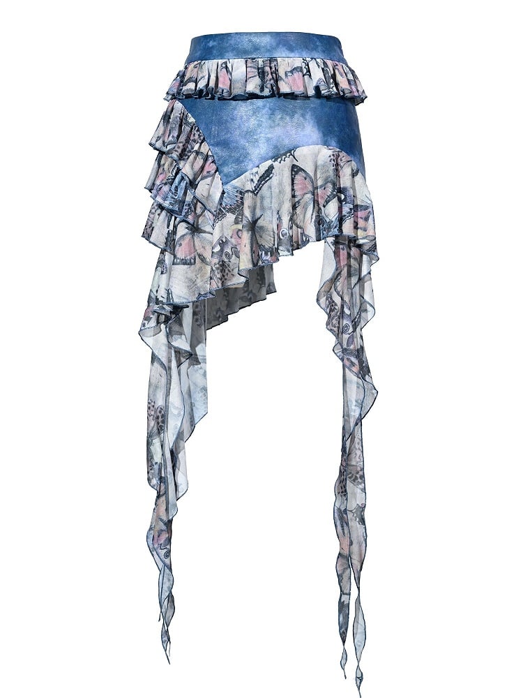 Grunge Punk Rock Fairy Style Blaue Schmetterlinge Stufenrüschen Asymmetrischer Saum Patchworkrock
