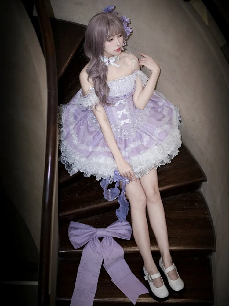 Balletcore with Lolita Purple Detachable Dress Bows Waist Boned