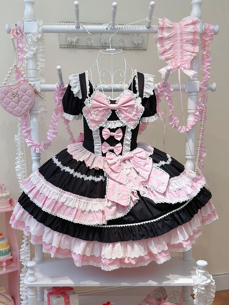 Piece and Pink Sleeves Lolita Bow One Dress Sweet Short Accents Black