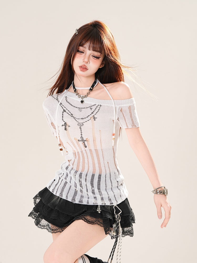 Asymmetrical Neckline Distressed Accessory with Black/White Cross Chain Print T-shirt Beaded Neck Holes