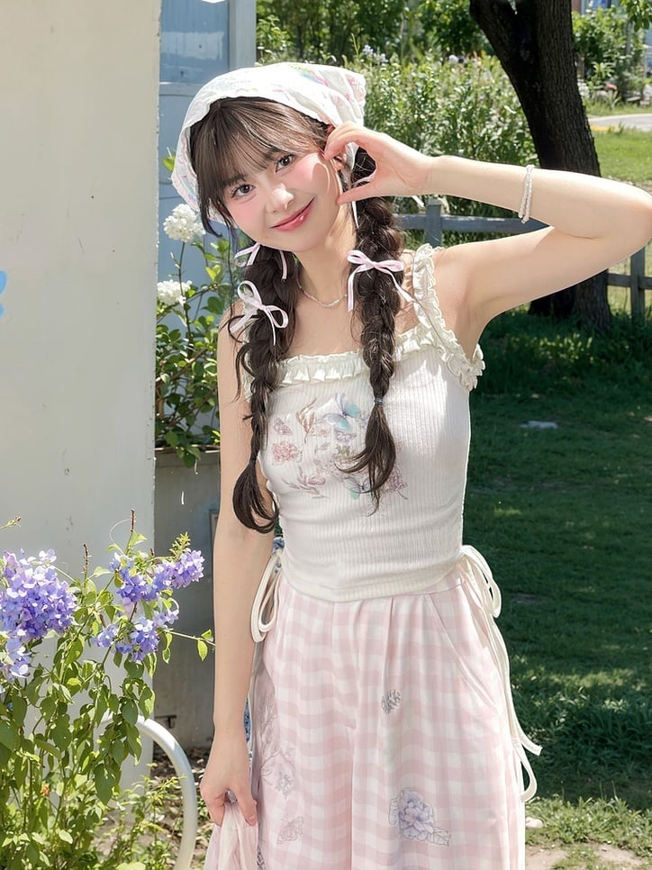White Ruffled Waist Tank Top Square Neckline Butterfly Print Drawstring