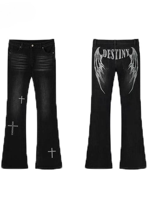 Flare Black Wings Print Y2K Jeans And Silhouette Cross