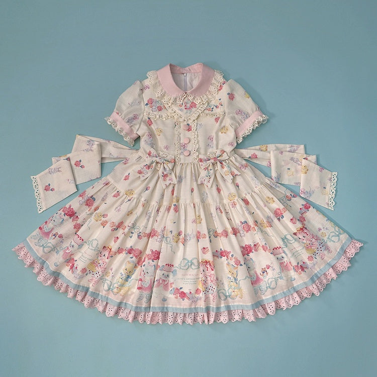 Lolita Scalloped Eyelet Kitty Short Dress with Sleeves Print Creamy Sweet Trims