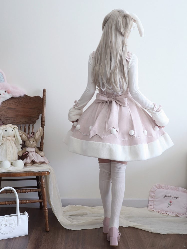 Rosa Lolita-Kleid mit süßem Winterhasen-Motiv und Plüsch-Ausschnitt und -Saum