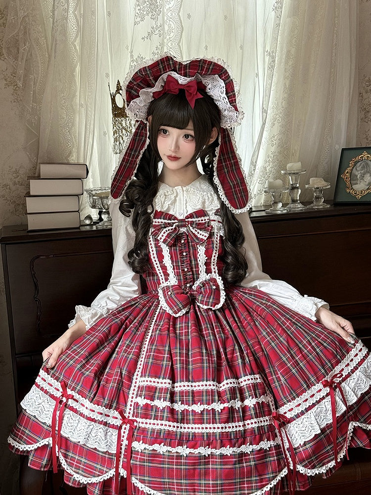with Accents Skirt Scalloped Jumper Sweet Plaid Lolita Bow Edge Red Trim