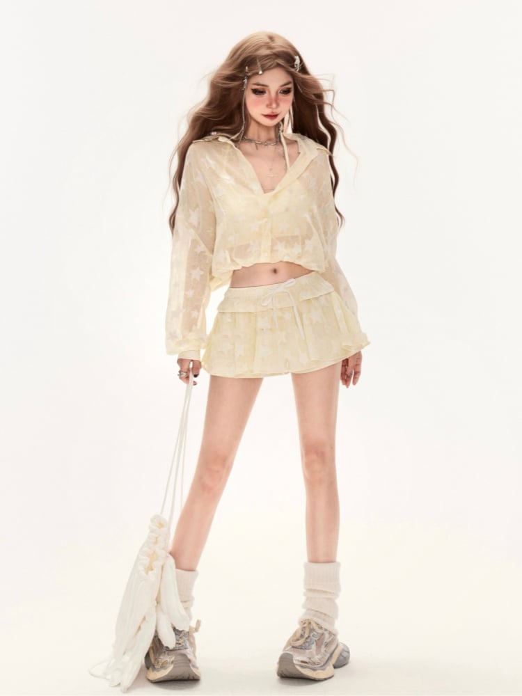 Waist Mini Skirt Yellow Allover Drawstring Star Print