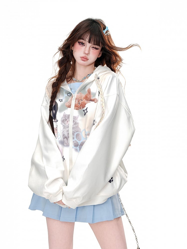 White/Blue Kitty Print Zip Closure Loose Hoodie