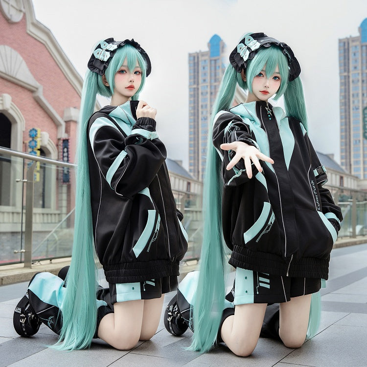 Schwarzes und grünes Cyberpunk-Jirai-Kei-Outfit – Kapuzenjacke, Shorts, Beinwärmer, Kopfbedeckung, komplettes Set